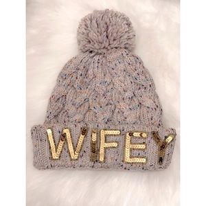 New Bow & Drape Ivory Confetti Pompom Wifey Beanie